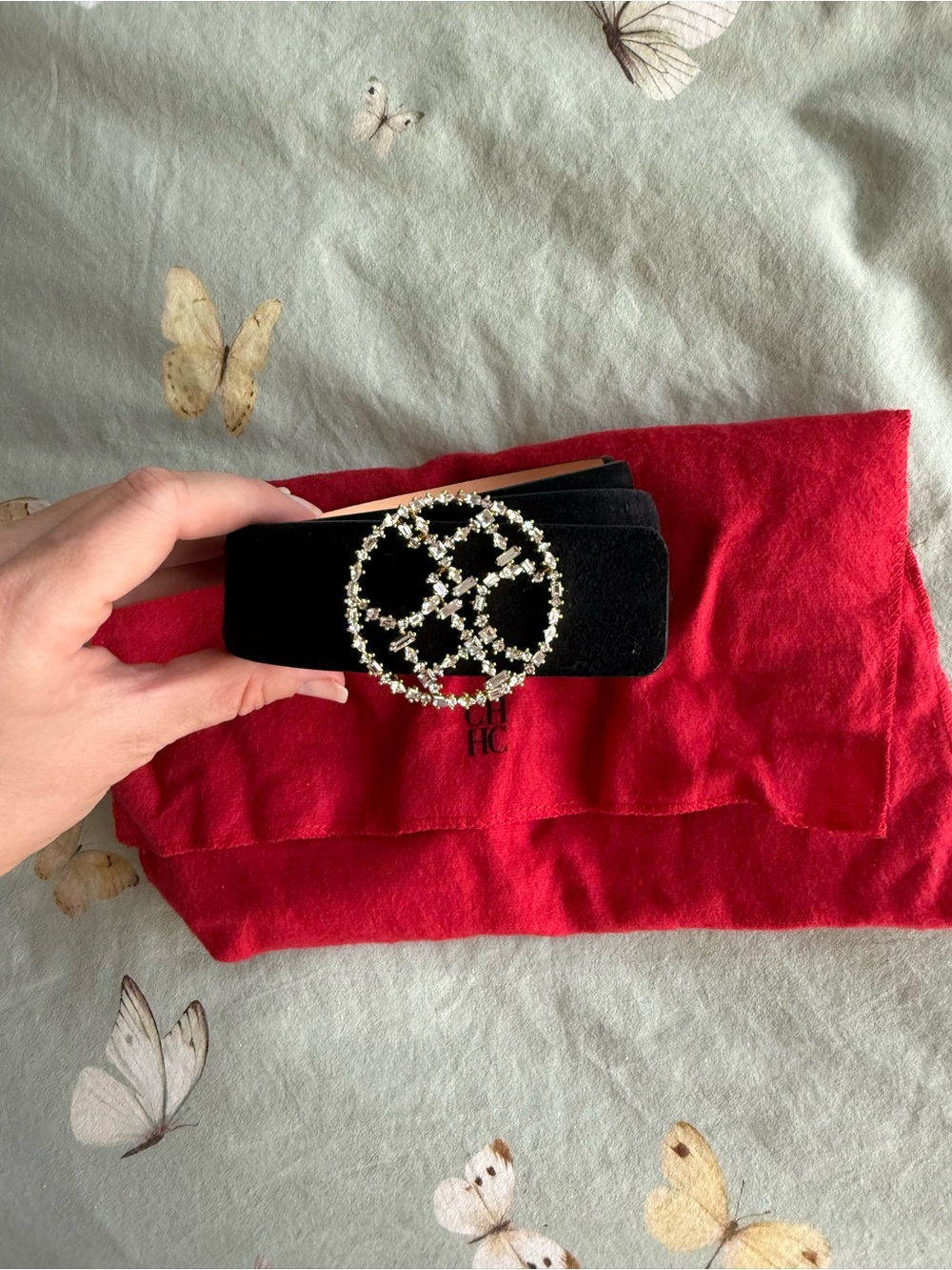 Black Velvet Belt with Crystal Circle Buckle
